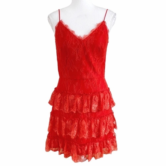 ML MONIQUE LHUILLIER RED LACE SLEEVELESS TIERED COCKTAIL DRESS - 4 - Picture 1 of 10
